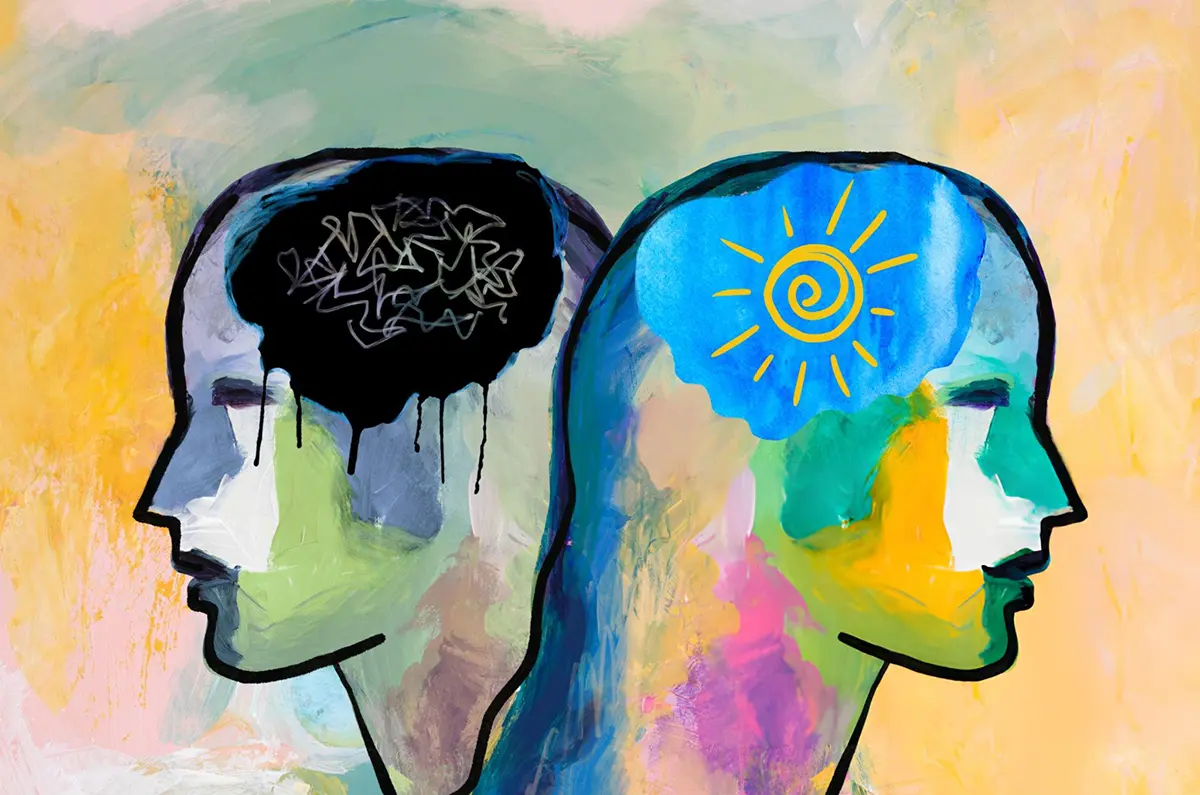 Abstract illustration depicting two profiles with contrasting brain images, representing the influence of positive and negative thinking on shaping reality and unlocking potential.