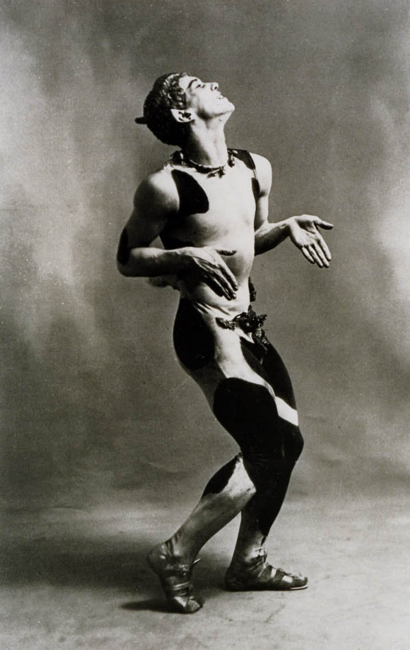 Vaslav Nijinsky in Léon Bakst costume for L'Après-Midi d'un Faune, 1912, showing spotted body suit with exotic styling and dramatic pose