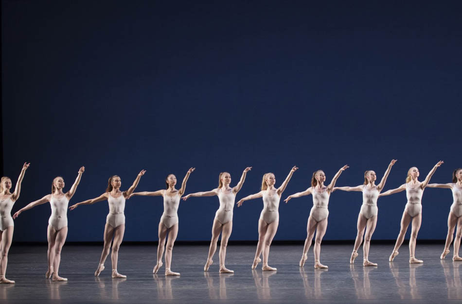 New York City Ballet dancers in minimalist nude leotards demonstrating George Balanchine's neoclassical aesthetic emphasising pure line and form in synchronised formation