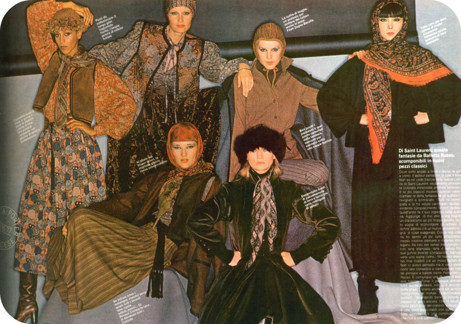 Yves Saint Laurent Autumn/Winter 1976 Ballets Russes collection editorial photograph showing models in exotic brocades and jewel tones published in Vogue Italia