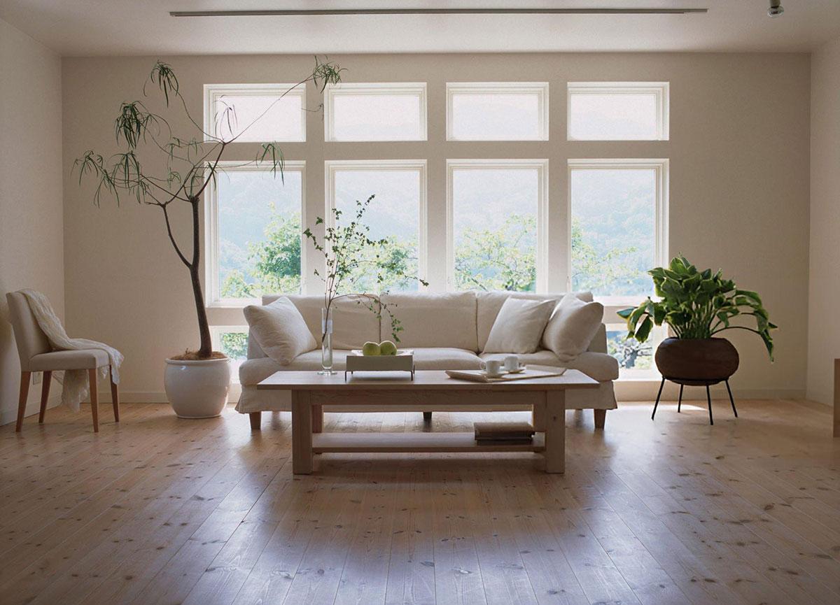 Minimalist living room with plants and wooden floor.