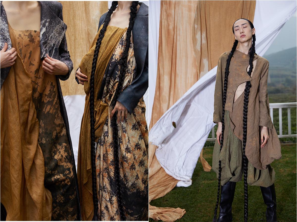 Models in layered, earthy-toned, artistic fashion outfits.