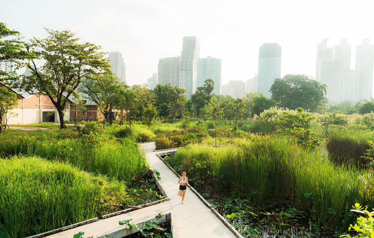 Woman jogging in urban park with skyscrapers backdrop.