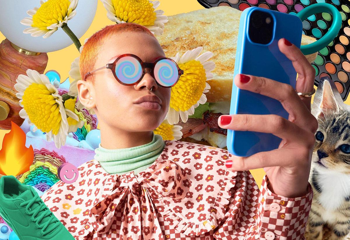 Colourful collage with person, cat, flowers, phone.
