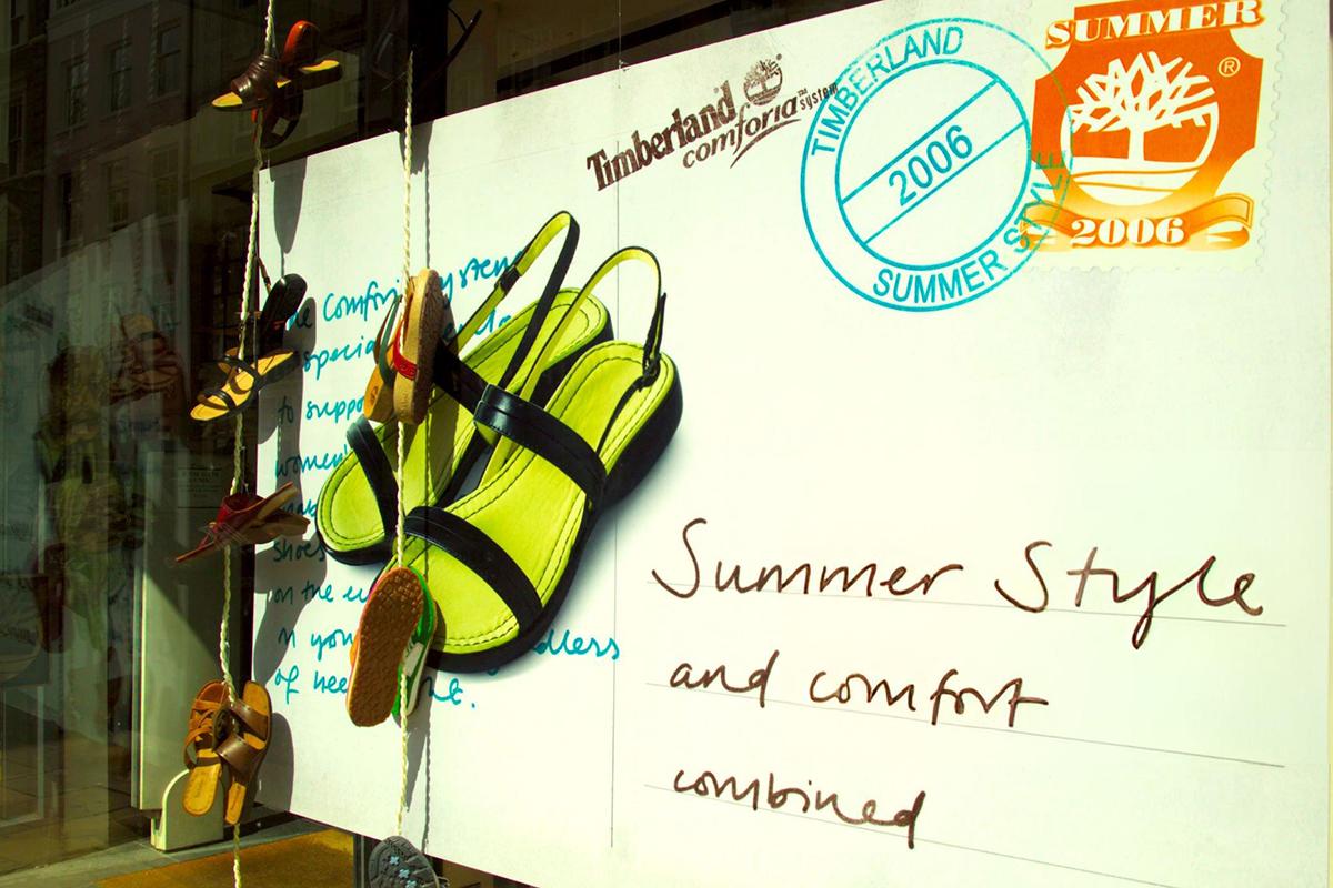 Display of summer sandals and style poster.