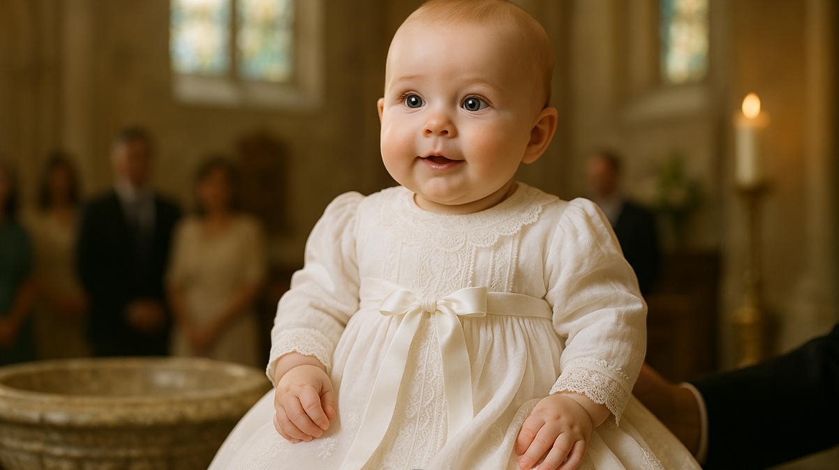 Baby in white outfit at church ceremony