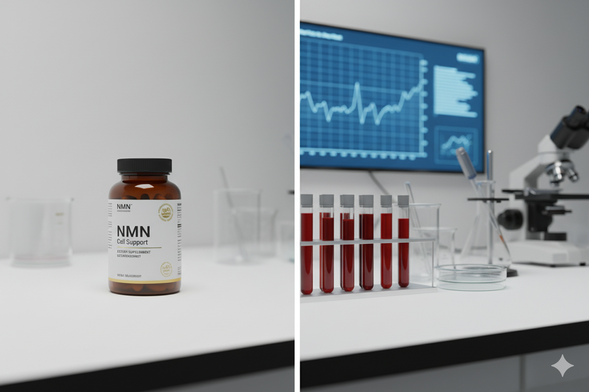 Split screen showing NMN supplement bottle beside laboratory equipment with blood test samples and research data