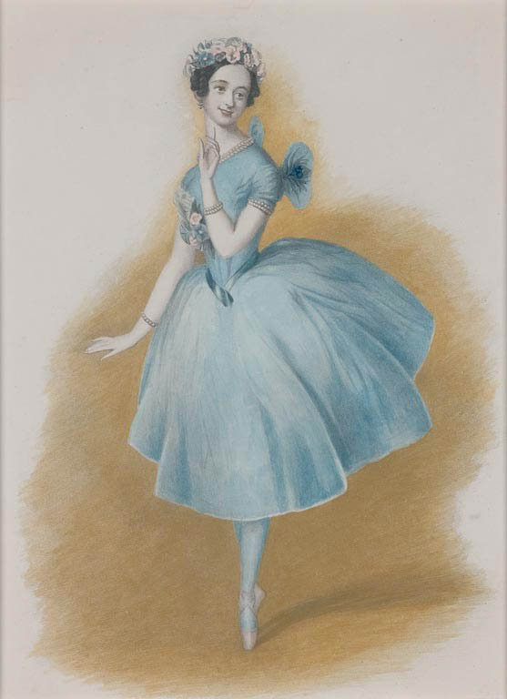 1832 hand-coloured lithograph of Marie Taglioni as the Sylph in La Sylphide, wearing the iconic pale blue romantic tutu with bell-shaped skirt