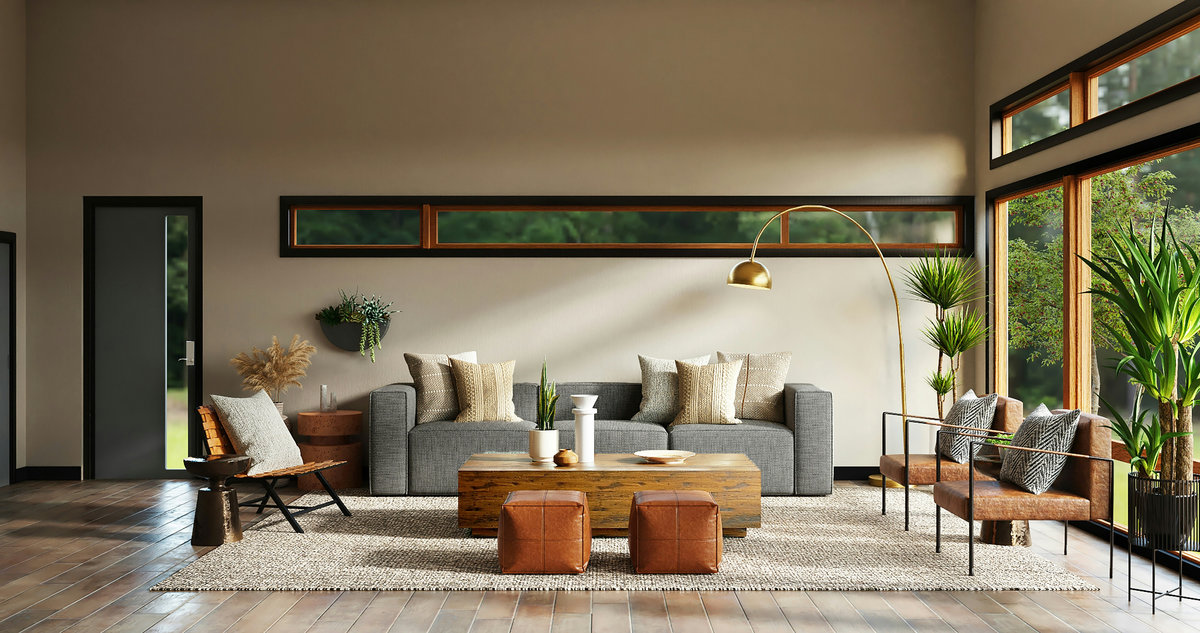Modern living room featuring natural light from horizontal windows, earthy neutral palette with wood floors, leather ottomans, grey sofa, and plants showcasing functional aesthetic design