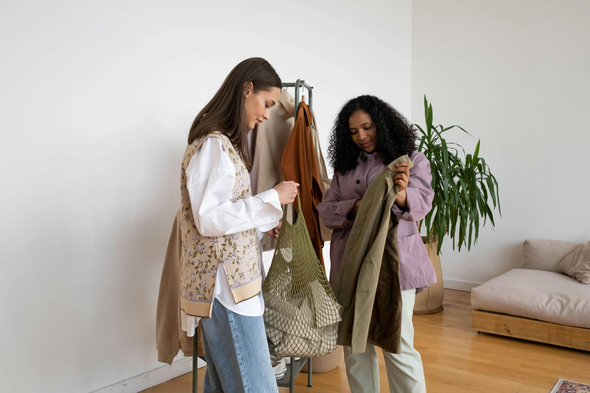 Two women sorting through secondhand clothes on a rail, examining garments for resale