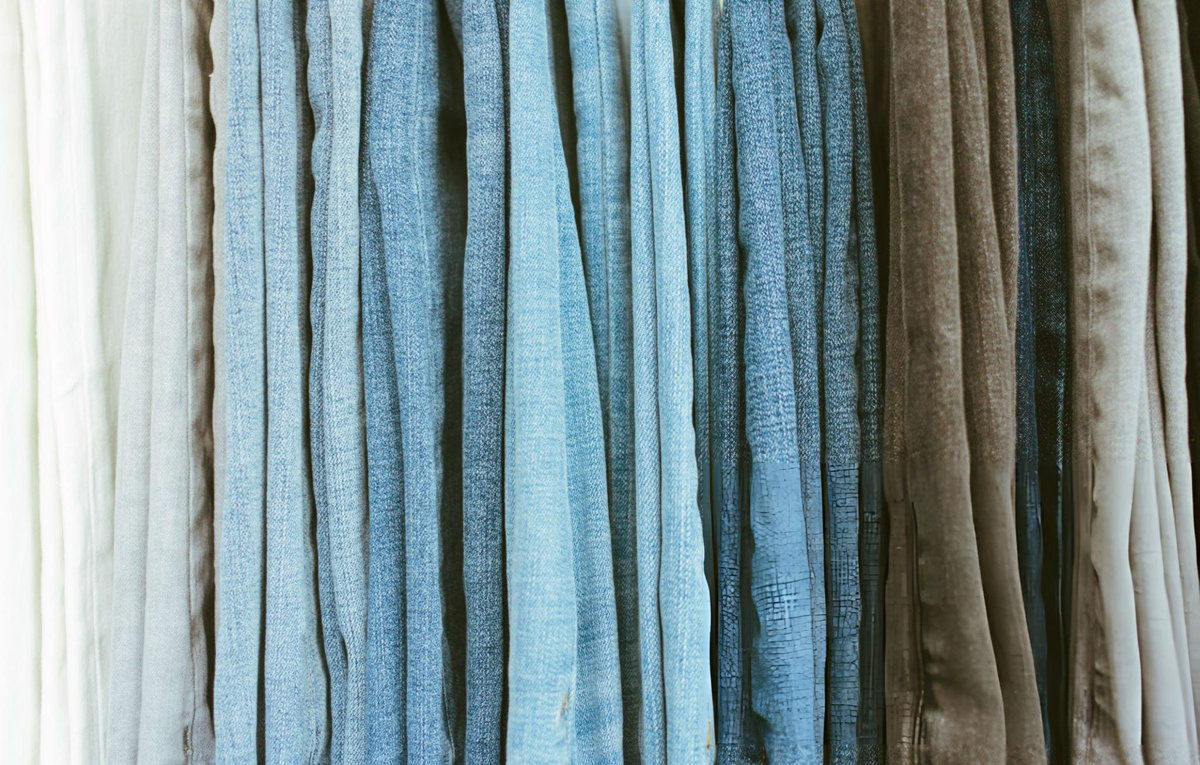 Organized display of neutral-toned clothing hanging in curated wardrobe demonstrating mindful fashion choices and reduced waste