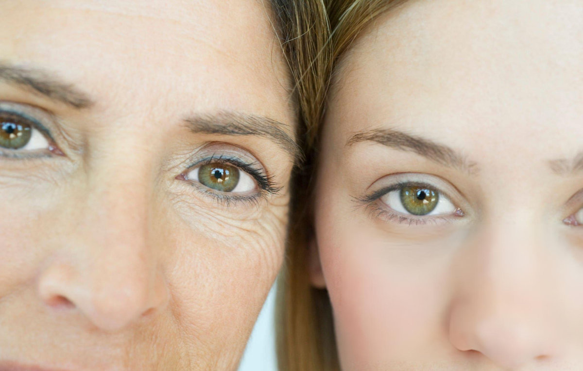 Close-up comparison of older and younger woman's eyes showing skin ageing and wrinkles — The Fashion Globe