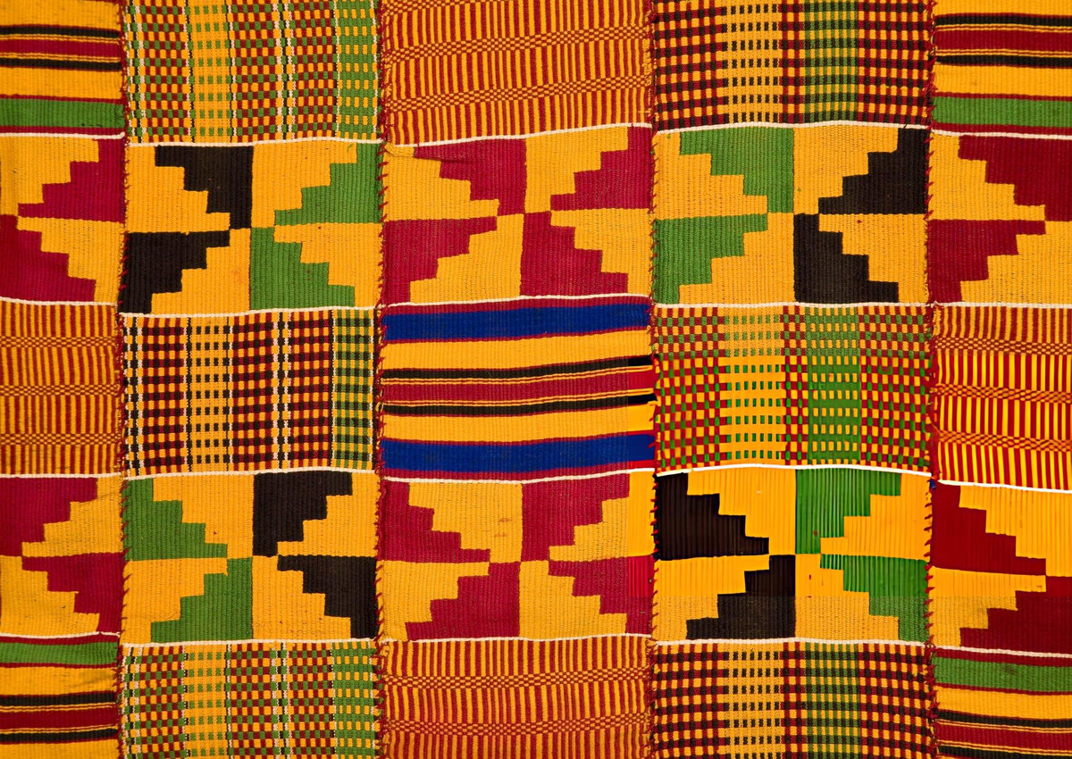 Detail of traditional Ghanaian Kente cloth showing assembled woven strips