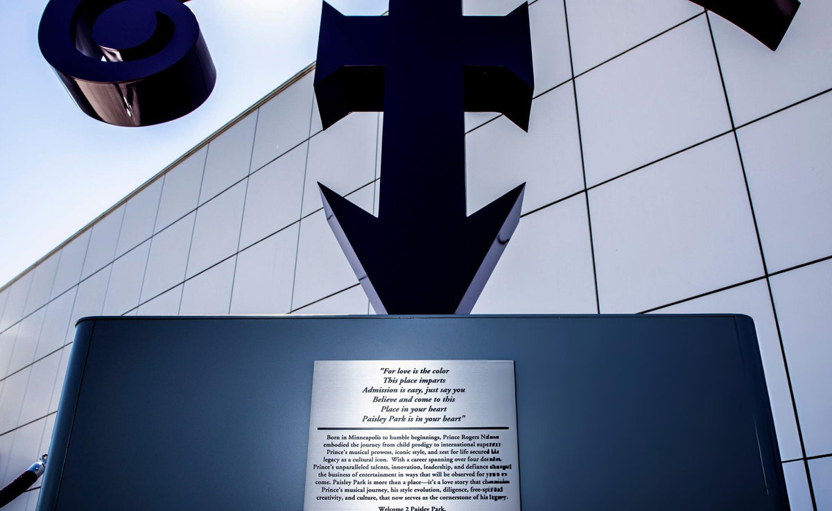 The eleven foot purple Love Symbol statue memorial standing outside Prince's Paisley Park estate in Chanhassen Minnesota