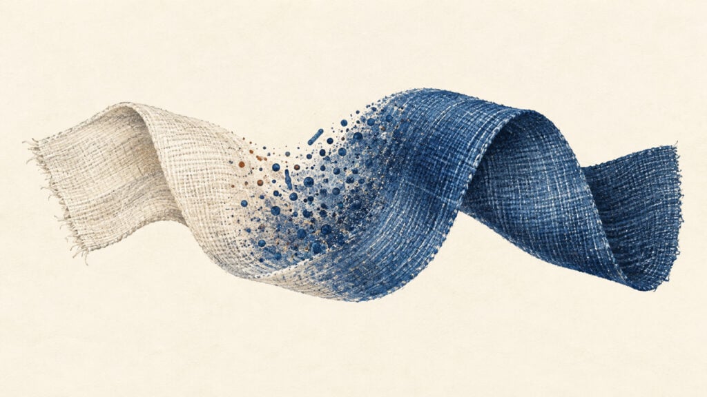 Illustration of woven fabric changing from cream to indigo, with pigment-like dots suggesting microbial textile dyes.