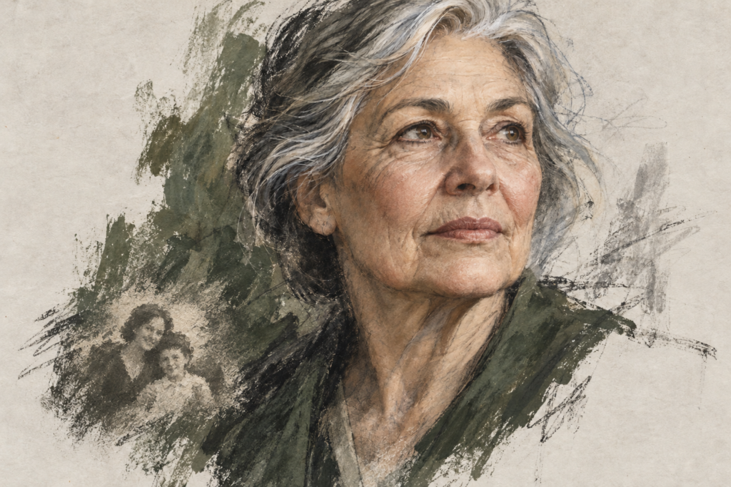 Illustrated portrait of an older woman, with a faded family photograph blending into the background.