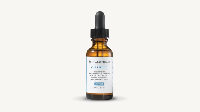 SkinCeuticals C E Ferulic serum in an amber glass dropper bottle with a white label.