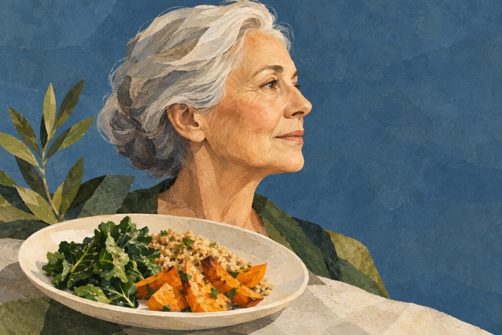 Illustration of an older woman in profile with a plate of vegetables and grains against a blue background.