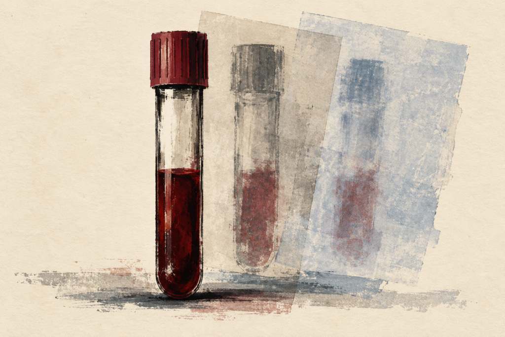 Illustration of a blood-sample tube with two faded, displaced impressions on translucent layers.