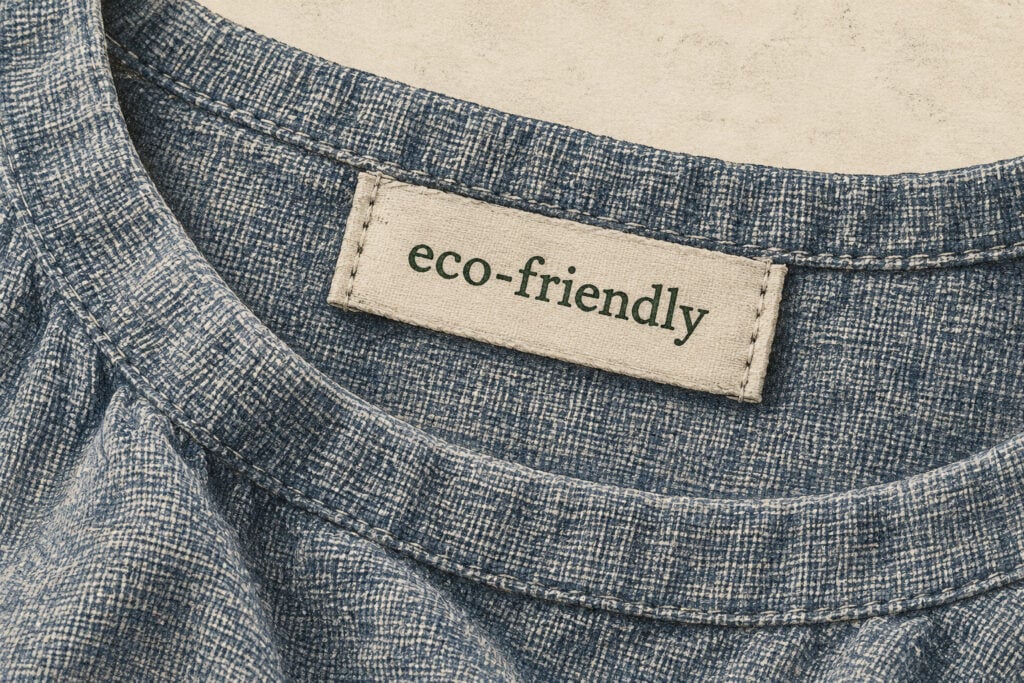 Ivory clothing label reading “eco-friendly” sewn onto blue-grey fabric.