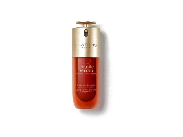 Bottle of Clarins Double Serum on a white background.