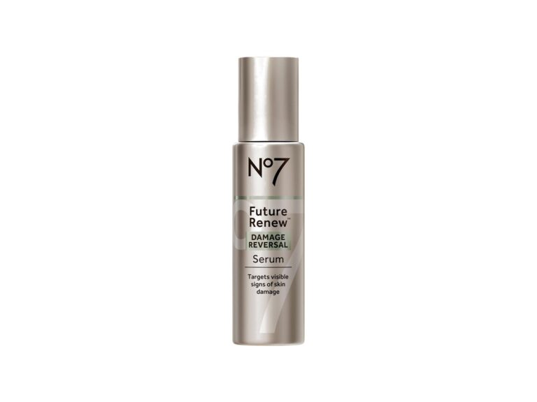 Bottle of No7 Future Renew Damage Reversal Serum on a white background.
