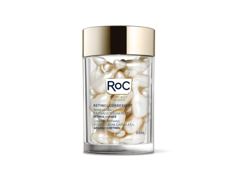 Jar of RoC Retinol Correxion Line Smoothing Night Serum Capsules on a white background.